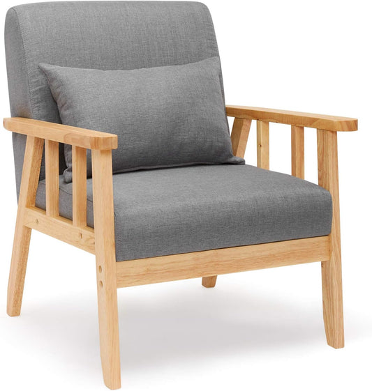 Mondeer Fauteuil, linnen, massief houten frame, retro met kussen, voor slaapkamer, woonkamer, balkon, kantoor, donkergrijs