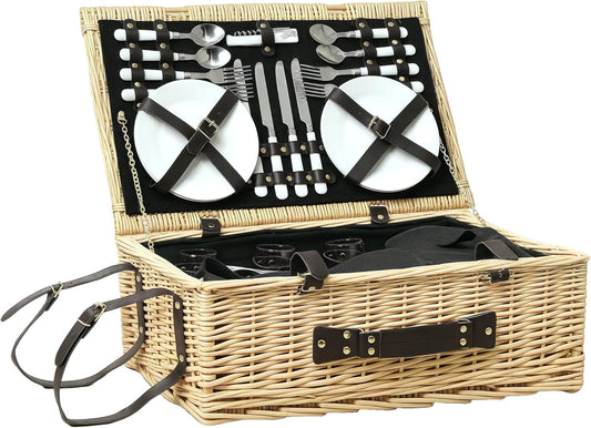 Outsunny Willow Wood Picnic Basket Picnic Box for 4 People, Insulated Cooler Compartment, Picnic Blanket, Cutlery Set, Picnic Set, Complete Set for Camping, Beach, Christmas, Natural Wood - QUORE