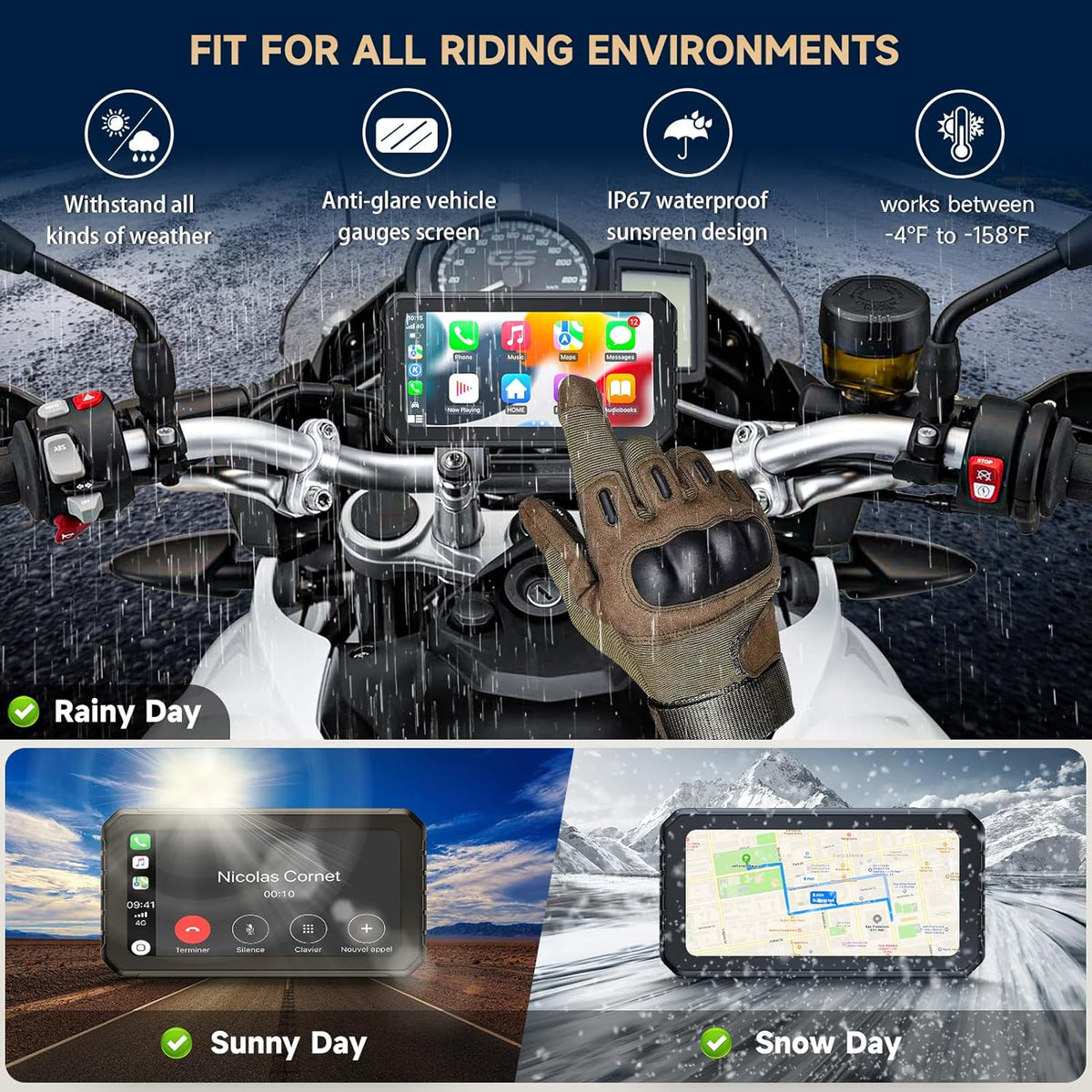 Spedal CL873 Motorfiets CarPlay met 1080p dubbele camera's, 6,25 inch draadloos CarPlay & Android Auto waterdicht scherm, ondersteuning Dual Bluetooth, Auto GPS, Siri, Assistent