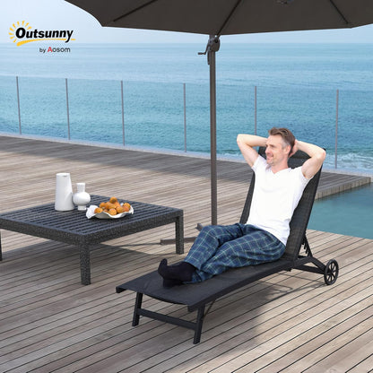 Outsunny Sonnenliege mit Rolle, Gartenliege Alu Liegestuhl mit 5-Fach verstellbare Rückenlehne, wetterfeste Campingliege, Gartenstuhl bis 150 kg load bar, für Garten Urlaub Strand Pool, Schwarz - QUORE