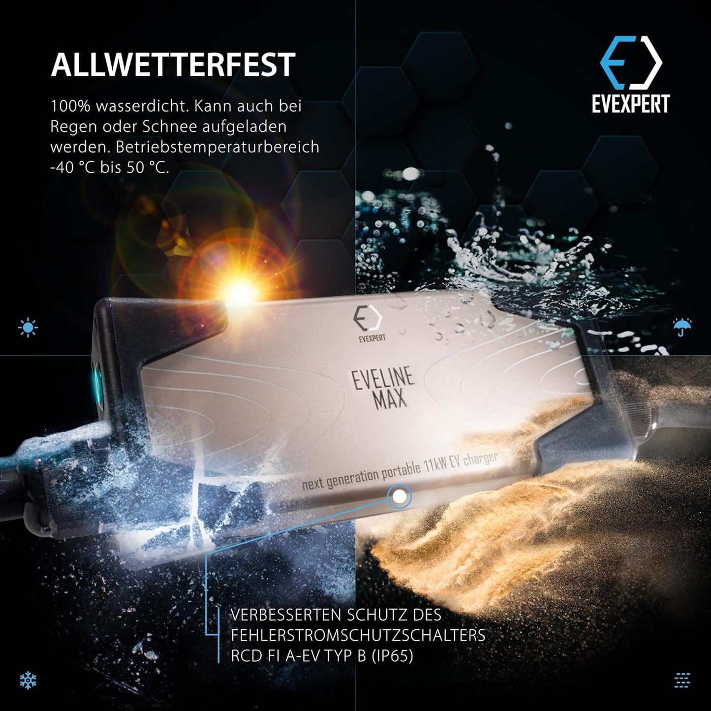 Eveline Max I/II, 3,7-22kW Smart Tragbare EVSE EV Auto Ladegerät Typ2 | SCHUKO/CEE 5-Pin (RCD FI A-EV) | EV typ 2 laadkabel 16-32A | 1/3-fasig (3-Phasig 16 A / 11 kw / 5m)