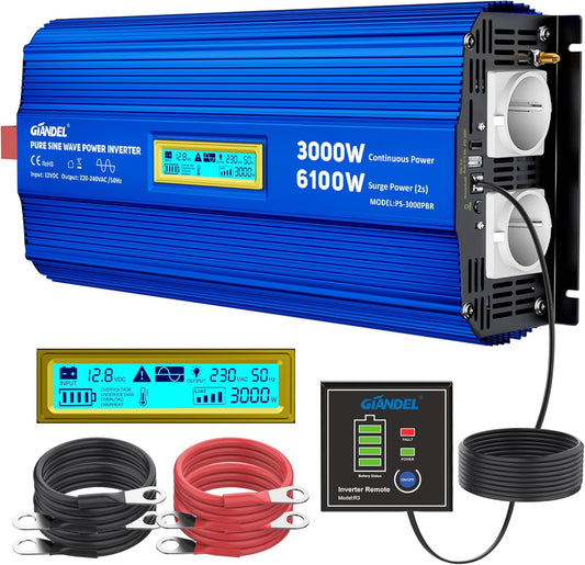 3000W Pure Sinus Omvormer – Spanningsomvormer – Power Inverter – Stroomomzetter – Converter – 6100W Piekvermogen – Compatibel Met LifePO4 Batterijen