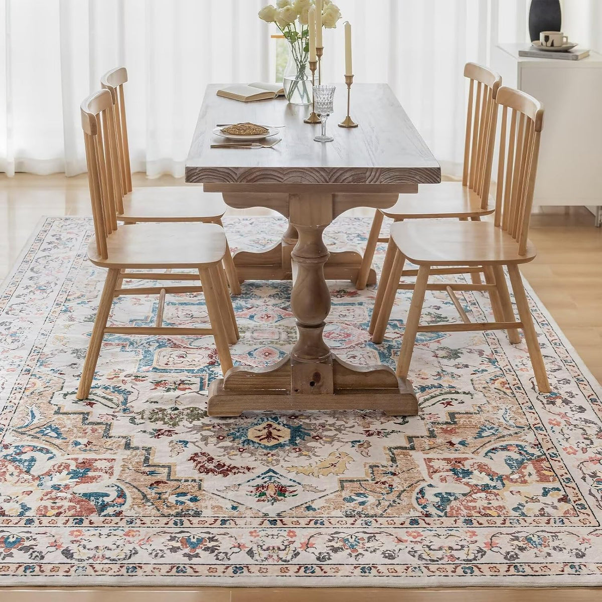 CHOSHOME Tapijten voor de woonkamer en slaapkamer, groot wasbaar laagpolig tapijt, modern vintage klassieke stijlen, antislip boho-stijl, machinewasbaar wol, beige