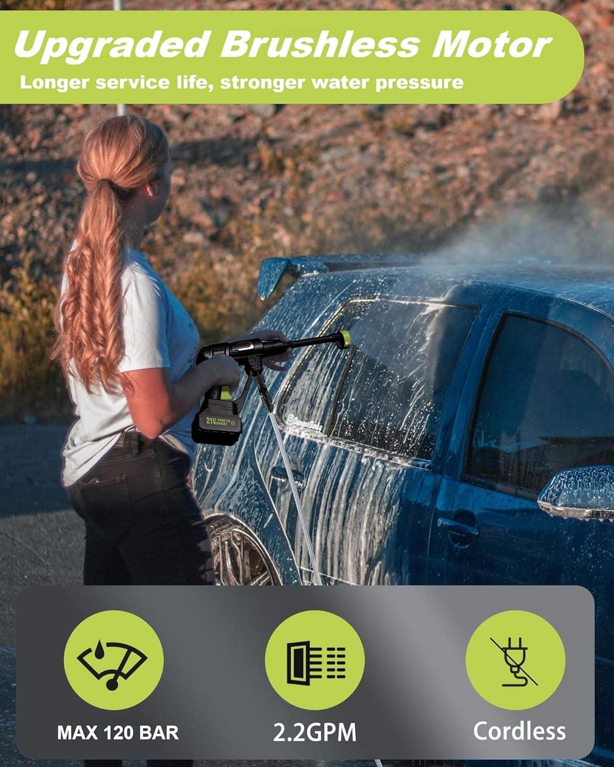 Accu-Hogedrukreiniger – Draadloze Hogedrukspuit – Mobiele Drukreiniger – Power Washer – Tuinsproeier – 120 Bar Waterdruk – Borstelloze Motor Met 3 Drukstanden