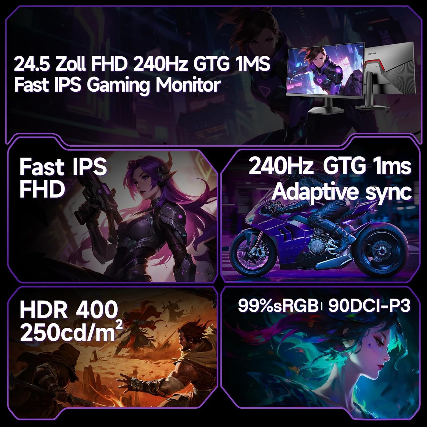 KOORUI 24 Zoll Gaming Monitor,Full HD 240Hz Bildschirm,24.5 1920 x 1080 Rapid IPS Panel,Oc to 260Hz,DisplayPort 1.4 & HDMI 2.0,HDMI 2.0 Cable,HDR400,Schwarz - QUORE
