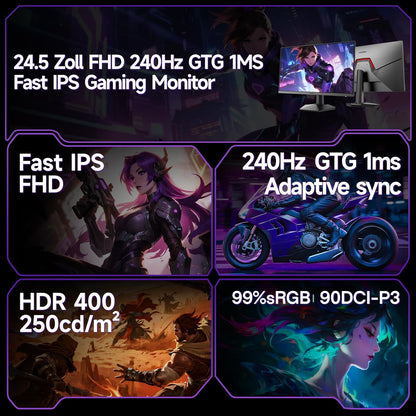 KOORUI 24 Zoll Gaming Monitor,Full HD 240Hz Bildschirm,24.5 1920 x 1080 Rapid IPS Panel,Oc to 260Hz,DisplayPort 1.4 & HDMI 2.0,HDMI 2.0 Cable,HDR400,Schwarz - QUORE
