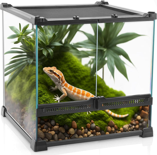 Mini Reptiel Glas Terrarium 12"x12"x12" Duurzame Reptielen Habitat Tank met Hittebestendig Aluminium Frame Dubbele Draaiende Deuren zonder Jam door Zand en Andere Puin