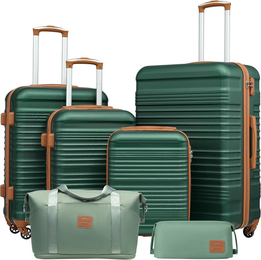 COOLIFE Kofferset, trolley, koffer, ABS, harde schaal, reiskoffer, 4 wielen, TSA-slot, intrekbare trolley, de koffer bevat 1 reistas en 1 toilettas, donkergroen/bruin, Koffer-Set 6tlg, Harde trolley