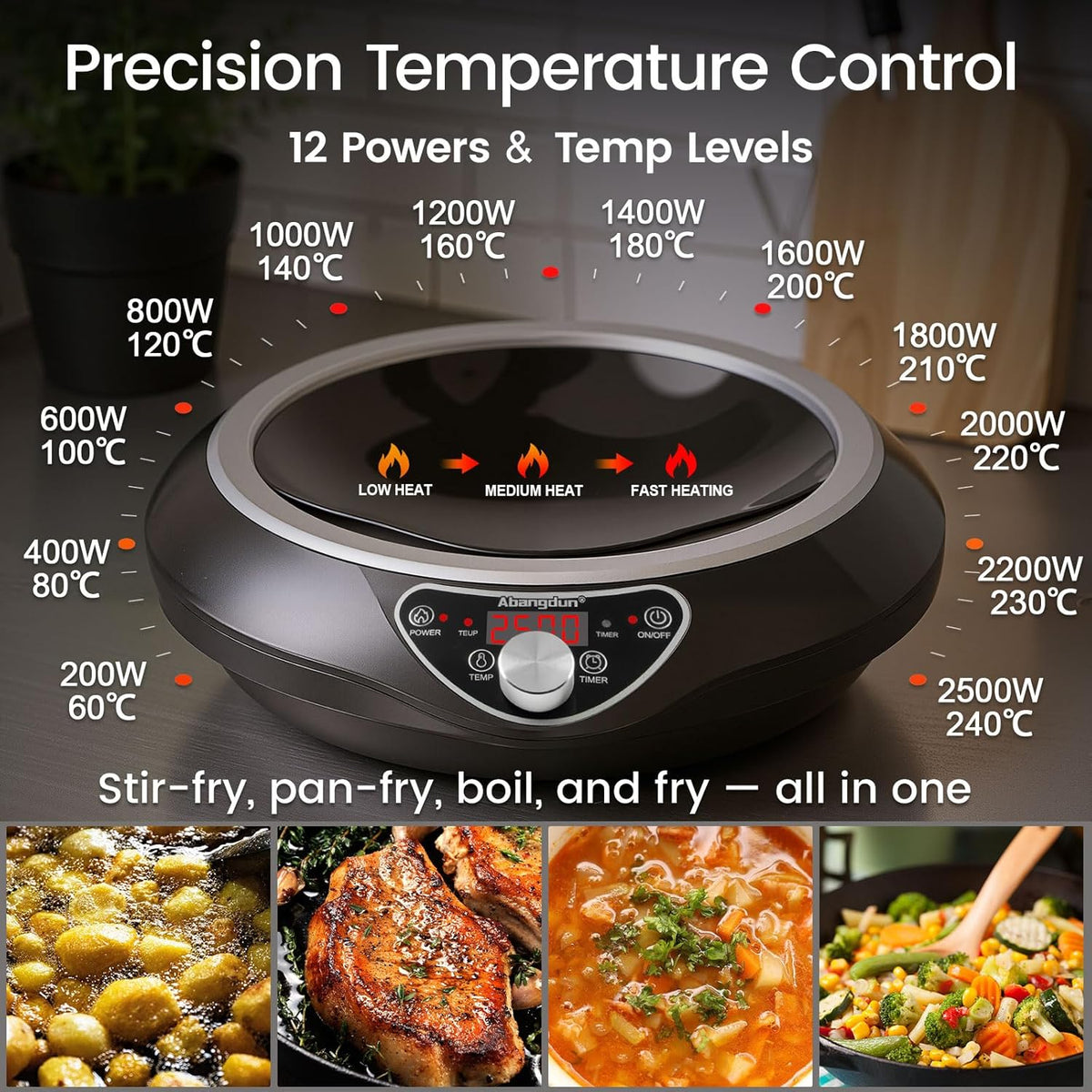 Wok Inductiekookplaat, 2500 W, inductiekookplaat met wok, 12 warmtestanden, kookplaat, inductie, temperatuurbereik 60-240 °C