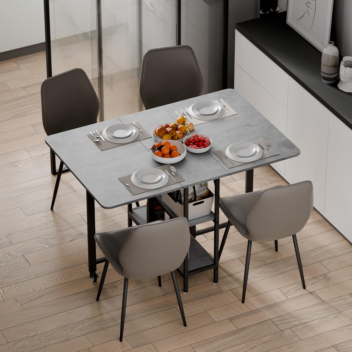 Mondeer Mobiele opvouwbare eettafel, klaptafel met 2 open opbergplanken voor kleine ruimtes, eetkamer, keuken, 120 x 80 x 75 cm, grijs