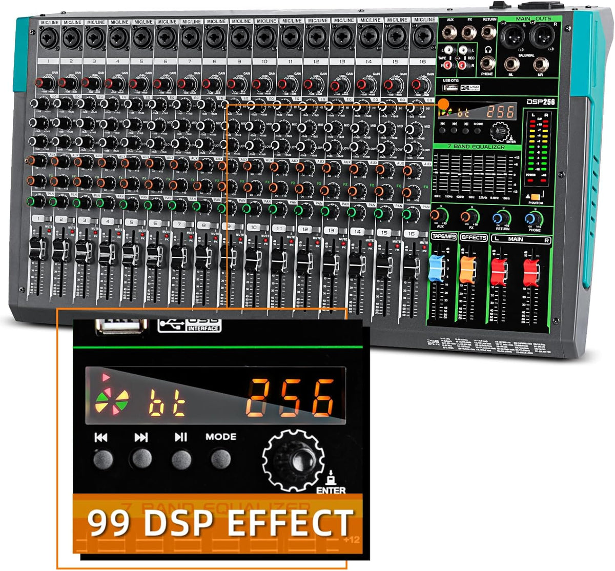 Professionele 16-Kanaals Mixer – Audiomixer – Mengpaneel – Mengtafel – Geluidsmixer – 48V Fantoomvoeding – 256 DSP-Effecten
