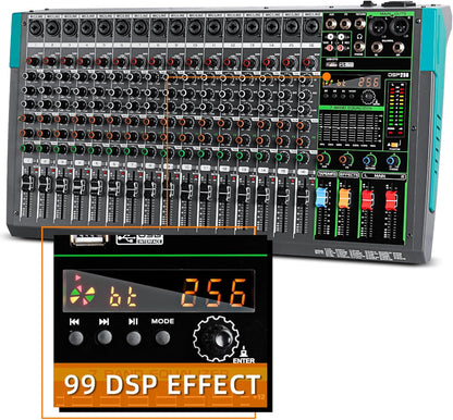 Professionele 16-Kanaals Mixer – Audiomixer – Mengpaneel – Mengtafel – Geluidsmixer – 48V Fantoomvoeding – 256 DSP-Effecten