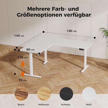 Agilestic L-vormig in hoogte verstelbaar bureau, 160 x 140 cm, bureau in hoogte verstelbaar elektrisch, hoekbureau ergonomisch zit-sta tafel computerbureau, wit
