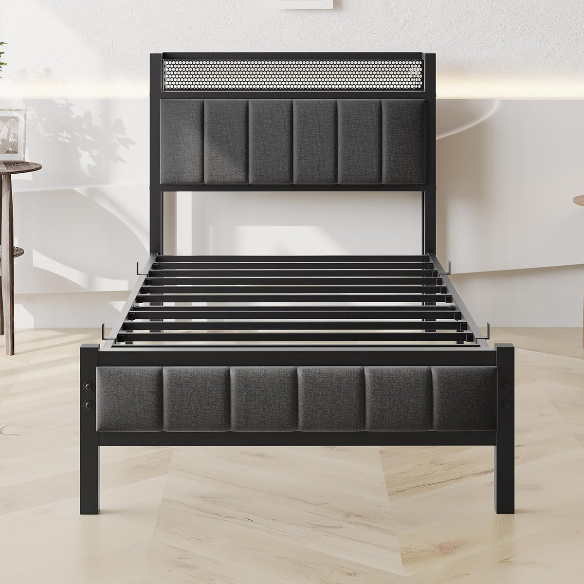 3ft eenpersoonsbedframes met opberghoofdeinde, zwaar metalen bedframe eenpersoons, geen boxspring nodig, solide bedsteadbasis/sterke stalen latten ondersteuning/grijs