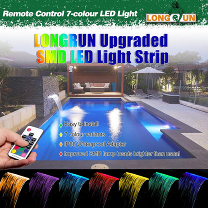 LONGRUN Zwembad Waterval Fontein, 30cm Vijver Watervallen Cascade, Acryl waterval Blad met 7 kleuren LED-licht, Compleet Waterval en Stroom Kits voor Buiten Tuin Vijver Zwembad Waterpartijen