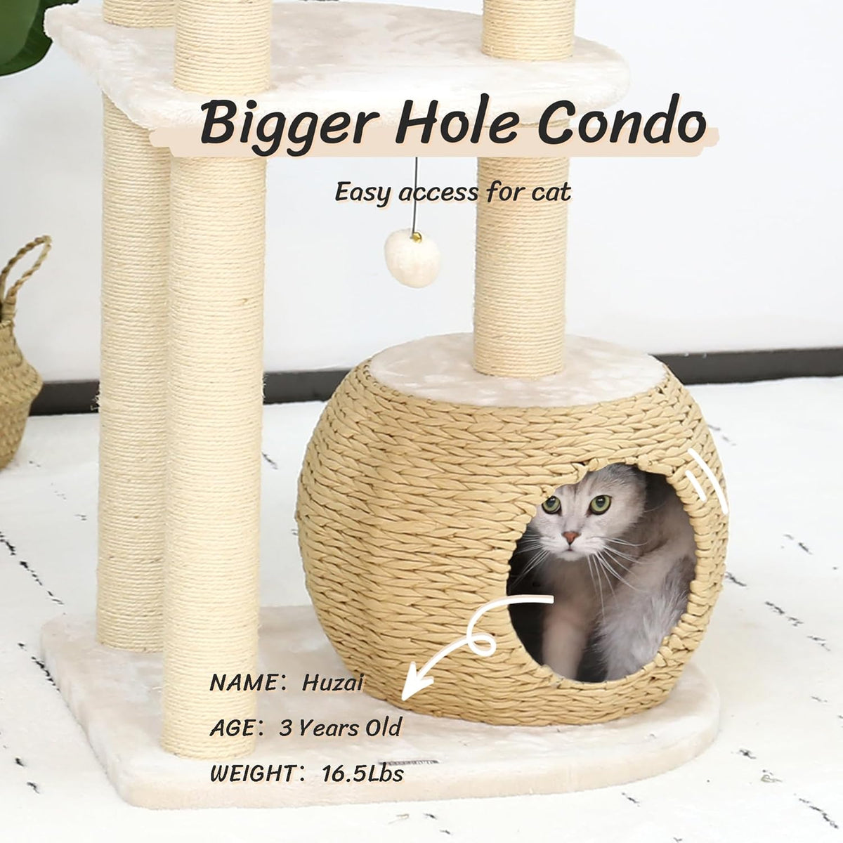 Kattenklimtoren – Kattenboom – Krabpaal – Kattenmeubel – Klimpaal – 134,5 cm Hoog – Natuurlijke Sisal Krabpalen – Handgeweven Mandje