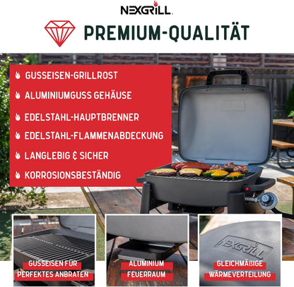Nexgrill Gas Barbecue, Small and Portable, Up to 300 Degrees, Gas Table Barbecue for Balcony and Camping, Small Grill with Lid, Cast Iron Grate, 3.1 kW Stainless Steel Burner, Piezo Ignition - QUORE