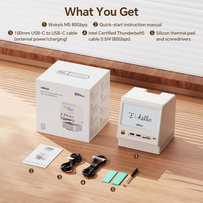 M5 Retro Dock Station voor Mac mini M4 Pro, 80Gbps M.2 NVMe SSD-behuizing met koelventilator, compatibel voor Thunderbolt 5/4/3/USB 4, 5'inch HD-scherm, SD/Micro SD Reader 4.0, 8K @60Hz