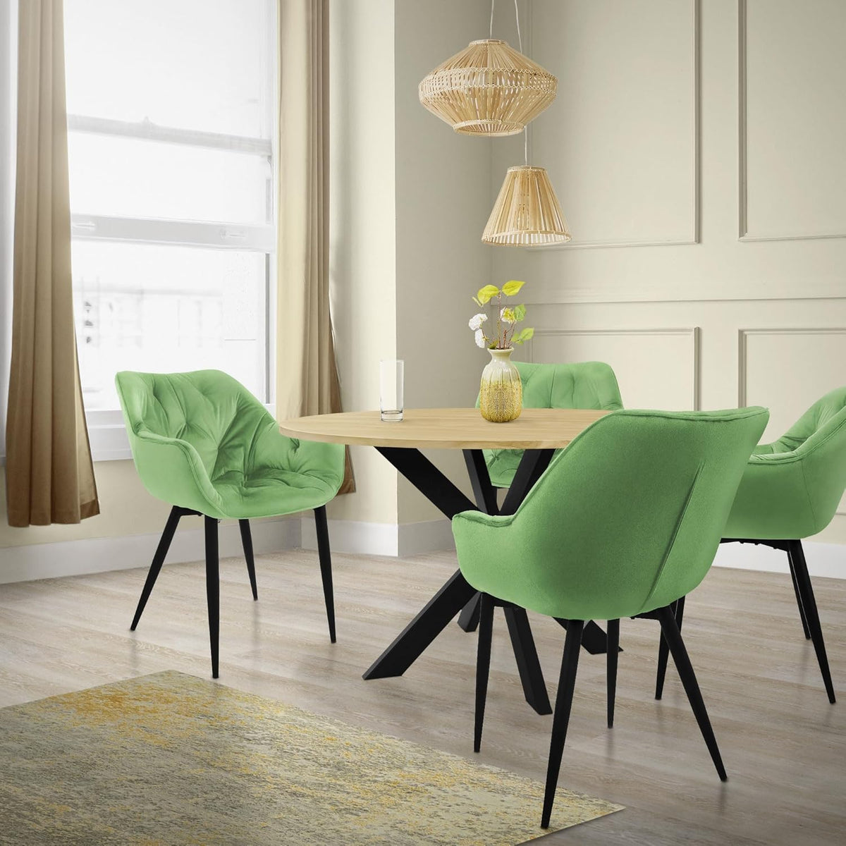 Eetkamerstoelen – Keukenstoelen – Woonkamerstoelen – Gestoffeerde Stoelen – Armstoel – Fluwelen Bekleding – Ergonomisch Design – Zwart Metalen Frame – Saliegroen