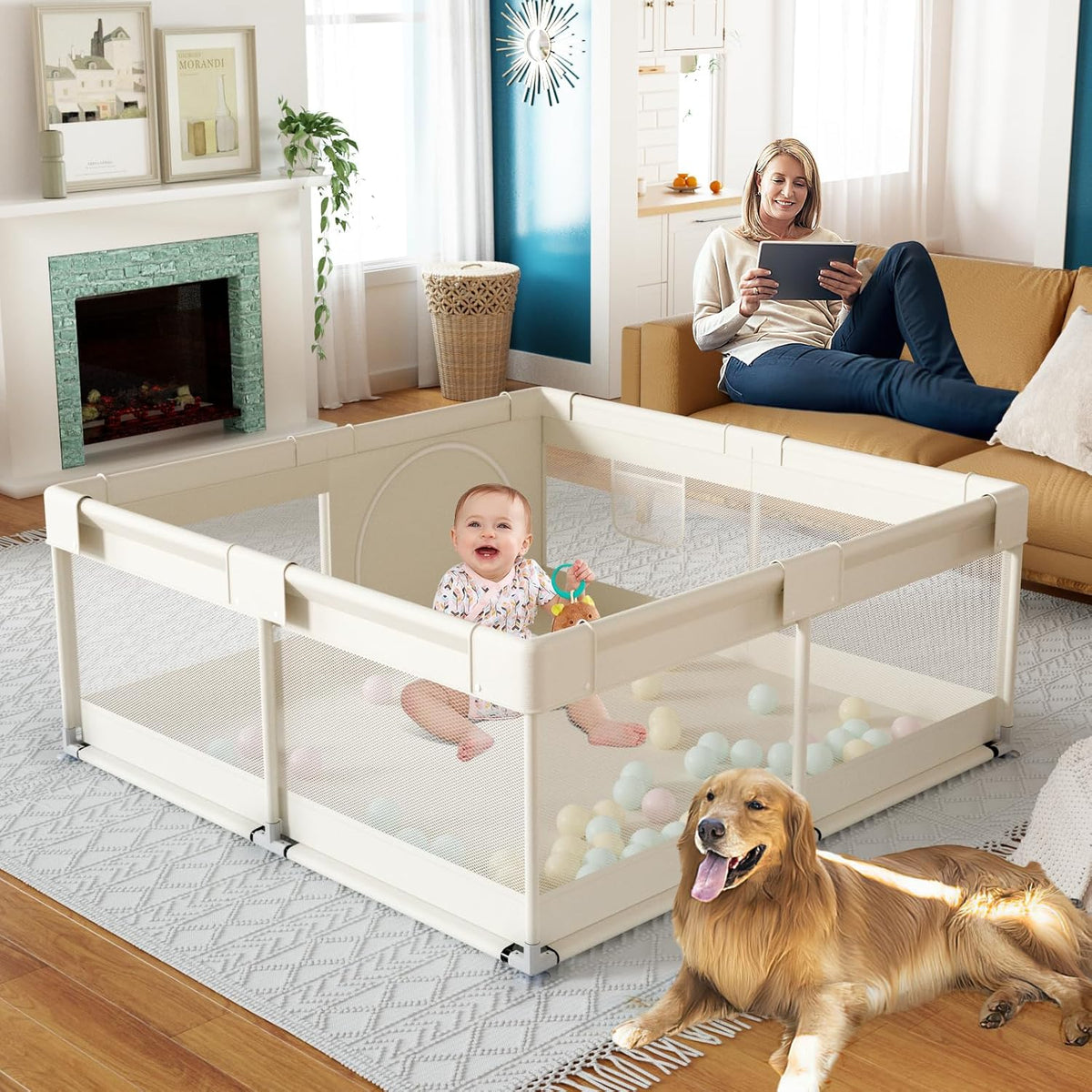 Fodoss 47 x 47 inch box, 120 x 120 cm playpen for children (47 x 47 inch beige) - QUORE