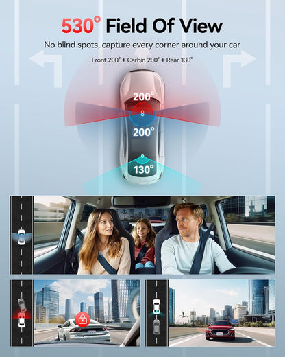 Dashcam Auto – Autocamera – Auto Camera – Rijcamera – Auto Dashcam – 3-Kanaals Met 530° Dekking – 2,5K + 2,5K + 1080p