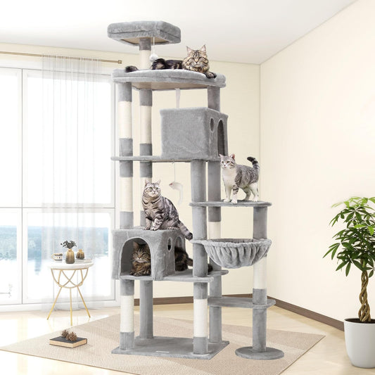 Globlazer cat tree xxl,luxury cat tree large tall 213cm with 2 cat house large platform padded Seat Rod Basket scratching post Sisal,cat tower stable for big cats adult (F83, Light grey)