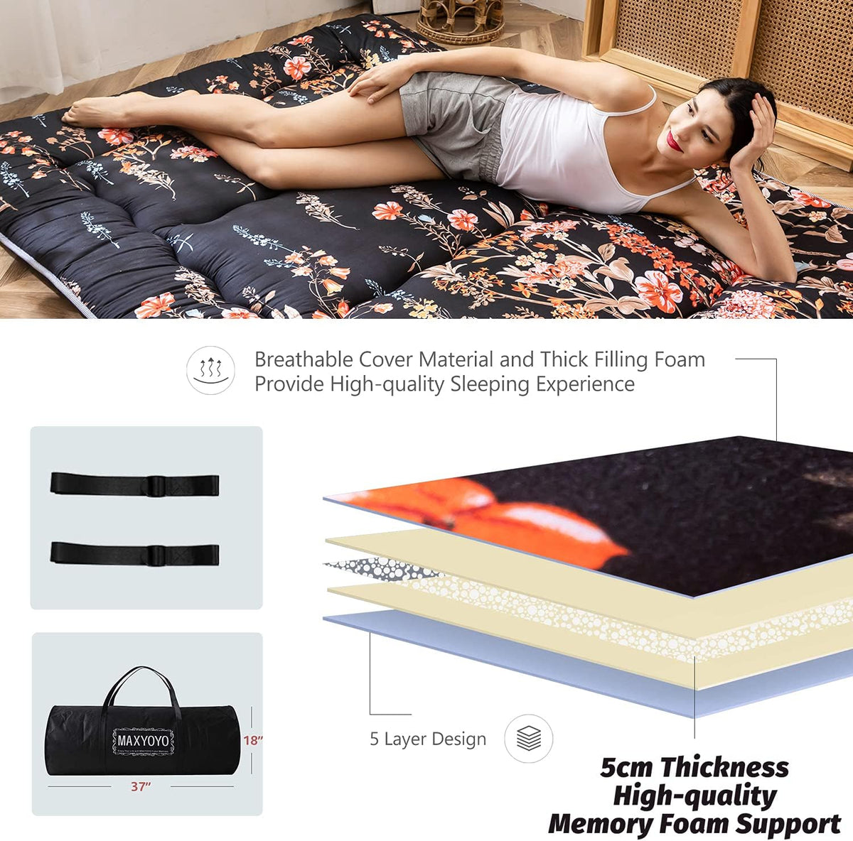 MAXYOYO Japanse vloermatras Futon-matras, dikker Tatami-mat slaapkussen opvouwbaar opklapmatras slaapzaal matraskussen vloer ligbed kussen bed (zwarte bloemen, enkel)