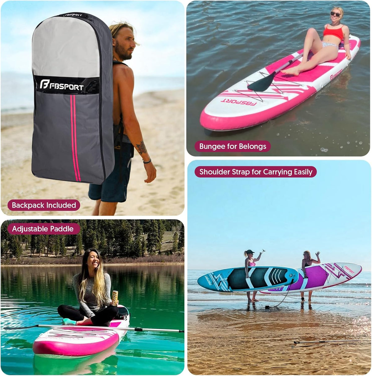 FBSPORT Opblaasbaar stand-up-paddleboard, stand-up paddleboard, 15 cm dik, surfplankkit met verstelbare aluminium SUP-peddel + handpomp