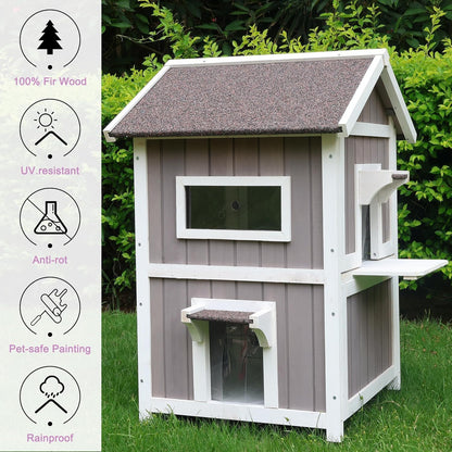 HiCaptain Weerbestendig kattenhuis voor buiten, 2 verdiepingen tellend wild kattenhuis met balkon en vluchtdeur, buiten houten schuilplaats voor kleine dieren, grijs