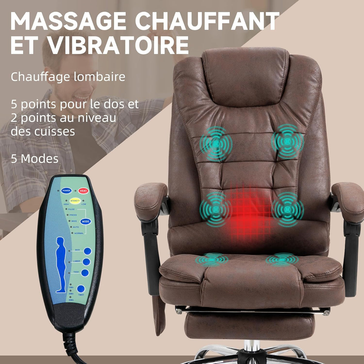 Vinsetto Bureaustoel, massage, verwarmd, bureaustoel, ergonomisch, in hoogte verstelbaar, rugleuning kantelbaar, microvezeldoek, bruin