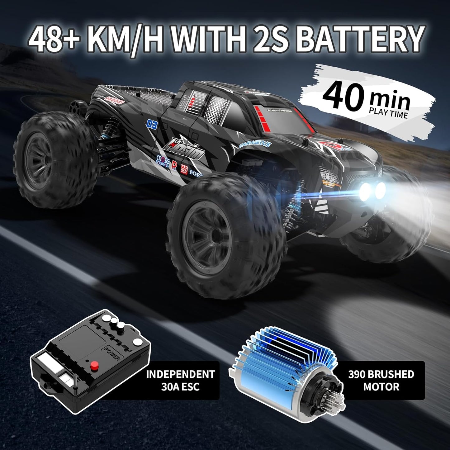 Hosim 1:10 op afstand bestuurde auto, snel met verlichting, RC auto's, offroad, 48+ km/h, Hobby Grade Drift RC Monster Truck met 2 accu's 40 + min speeltijd, voor kinderen en volwassenen (X06, zwart)