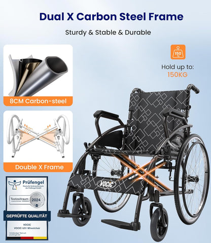 VOCIC U31 Rolstoel, licht, 150 kg, aluminium rolstoel, 17,5 kg, dubbele rem, rolstoel voor senioren, solide banden, 60 cm voor alle vloeren, grijs
