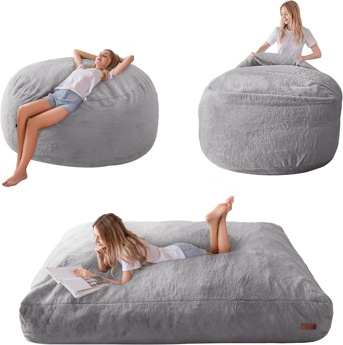 MAXYOYO Bean Bag Bed Convert from Bean Bag to Bed, Foam Bench with Shaggy Cover and Fluffy Filling for Adults, Teenagers and Guests, Grey, 150 x 200 cm