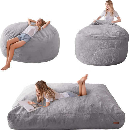MAXYOYO Bean Bag Bed Convert from Bean Bag to Bed, Foam Bench with Shaggy Cover and Fluffy Filling for Adults, Teenagers and Guests, Grey, 150 x 200 cm