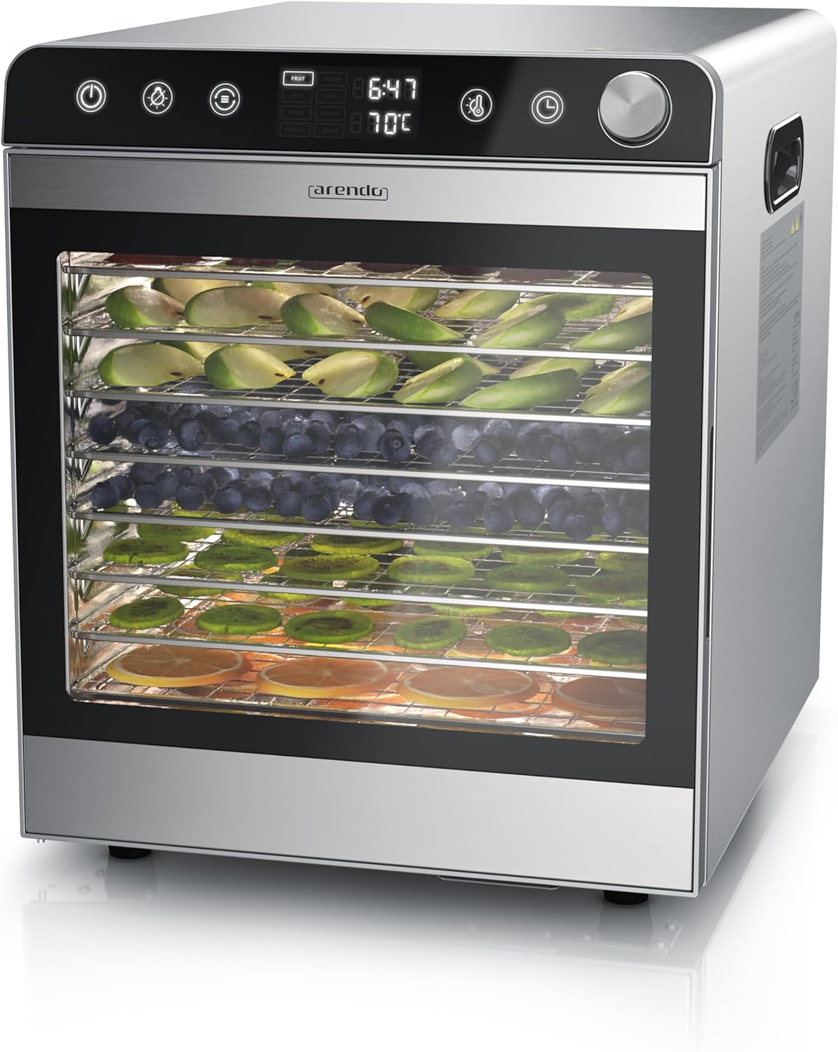 Arendo - Voedseldroger van roestvrij staal met 10 roestvrijstalen roosters - 8400 cm² - droogapparaat dehydrator fruitdroger droogapparaat - fruit, vlees, paddenstoelen enz