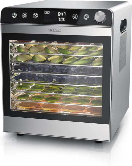 Arendo - Voedseldroger van roestvrij staal met 10 roestvrijstalen roosters - 8400 cm² - droogapparaat dehydrator fruitdroger droogapparaat - fruit, vlees, paddenstoelen enz