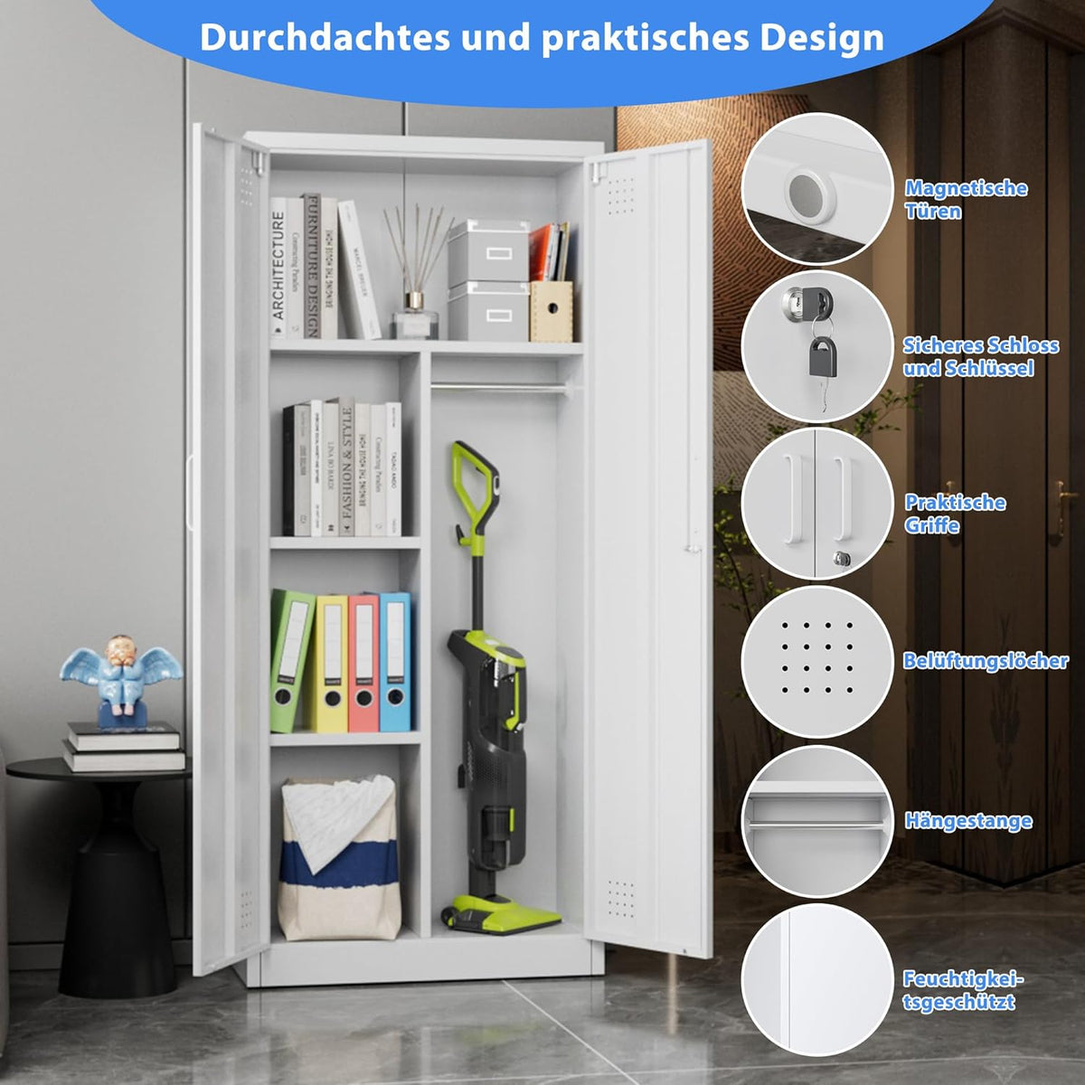 Bestekkast met ventilatie en magneetsluiting, multifunctionele kast, stabiele stalen kast voor stofzuigers, schoonmaakmiddelen, wasgoed en huishoudelijke accessoires, 70 x 30 x 165 cm, wit