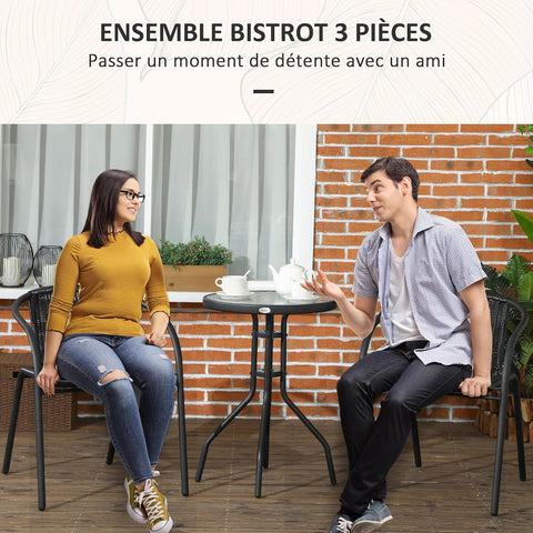 Tuinstoelen - Tuinmeubelenset - Tuin Eettafelstoelen - Rotan Bistroset - Moderne Stijl - Stapelbaar - Weerbestendig - Stabiel - Onderhoudsvriendelijk - 50 x 72 cm Tafel - 56 x 58 x 72.5 cm Stoel - Zwart