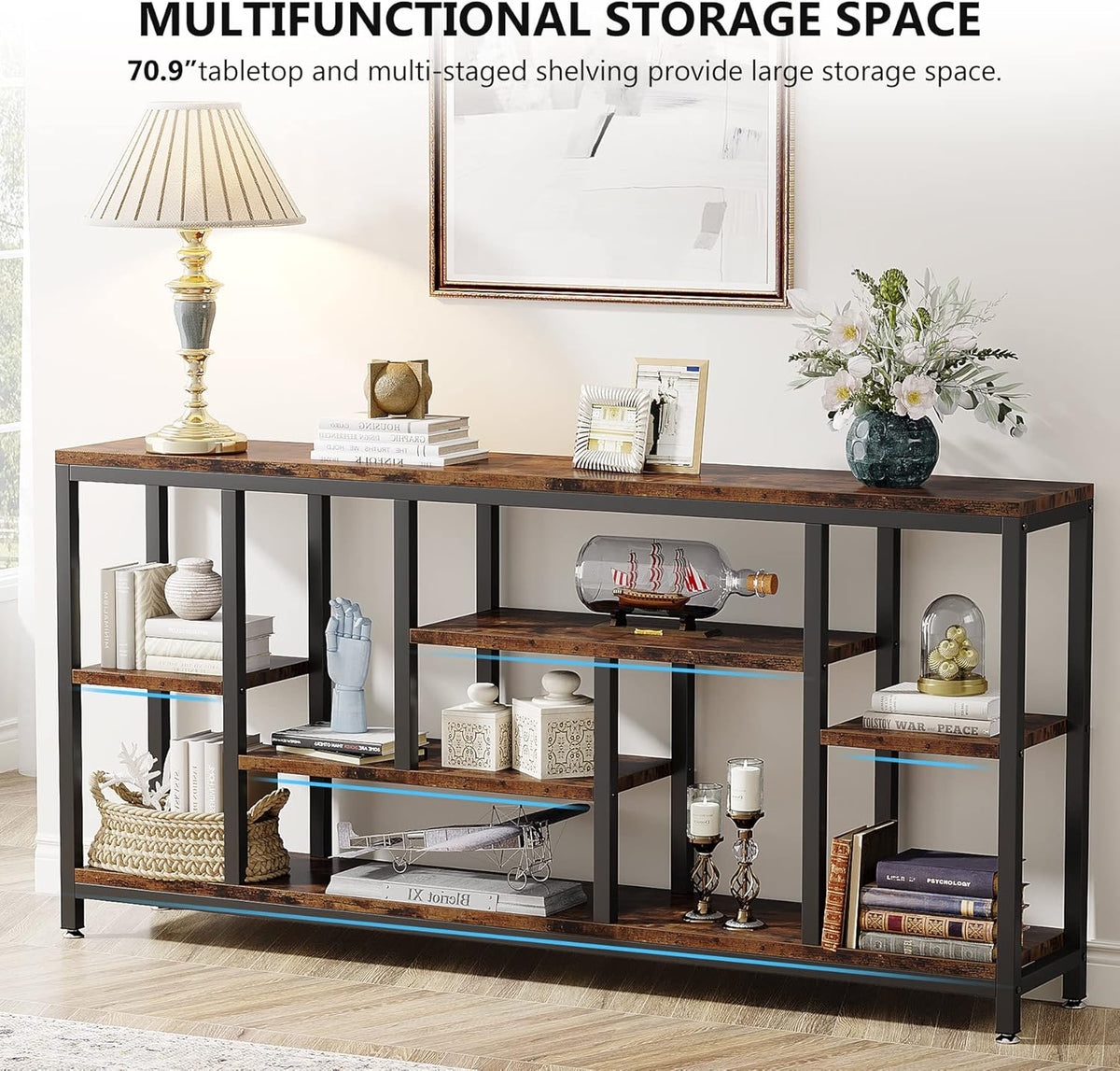 Tribesigns Console Sofa Table, 180cm Extra Long Table Behind Sofa with Storage Shelves, 3-Tier Industrial Narrow Entrance Hallway, Accent Table for Living Room, Rustic Brown