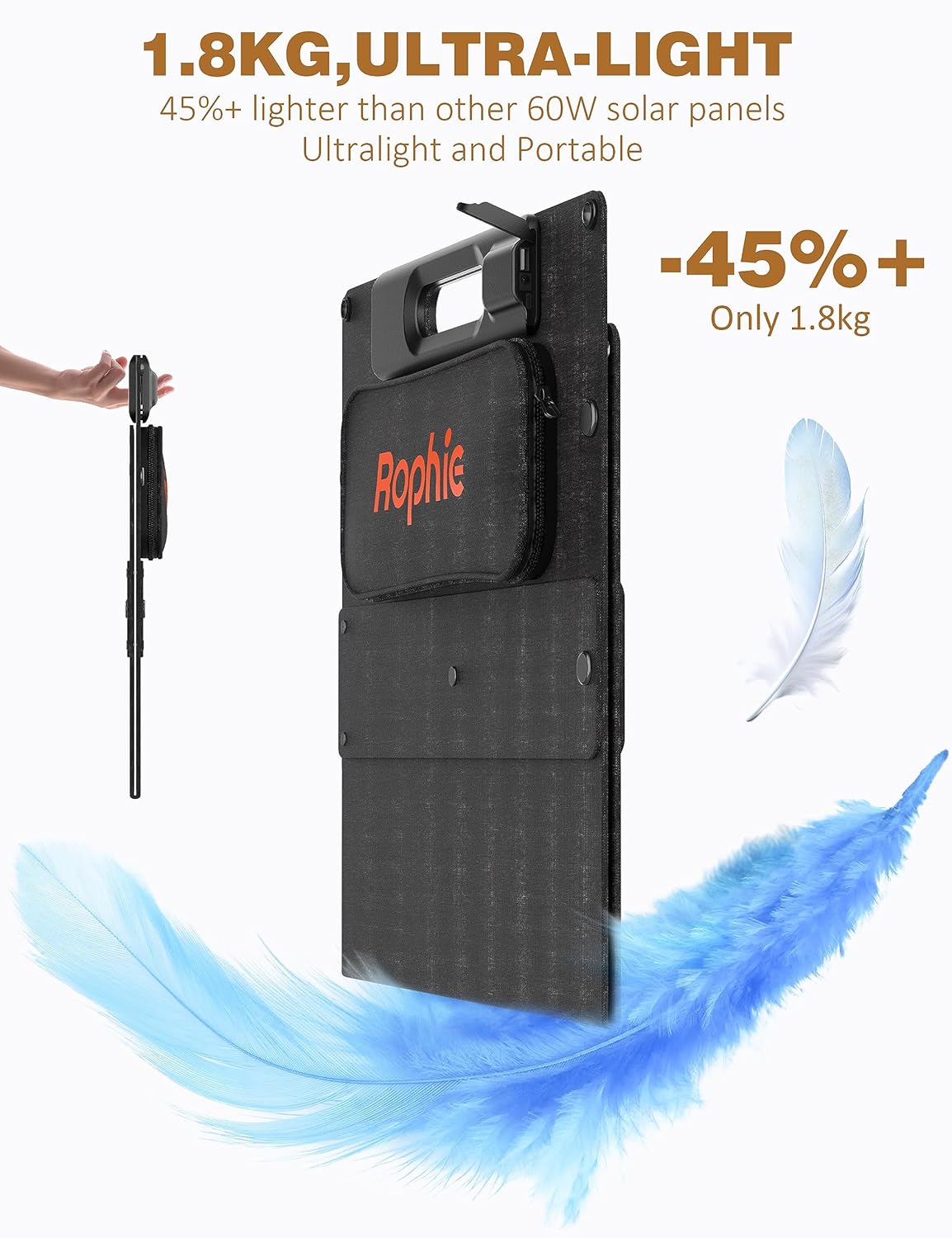 Rophie Opvouwbaar zonnepaneel, 60 W, draagbaar zonnepaneel, monokristallijn, flexibel, met USB/type C/DC-uitgang, 1,8 kg, ultralicht, IPX67 voor camping, reizen, tuin, balkon