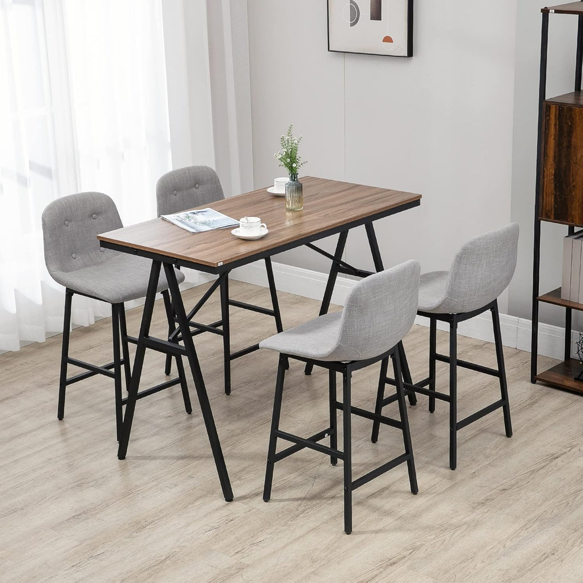 Bartafel – Barset – Keukentafel – Eettafel – Barkrukken – Industrieel Design – Gecoat Stalen Frame – Linnen Look Bekleding – 5-Delige Set – Grijs - QUORE