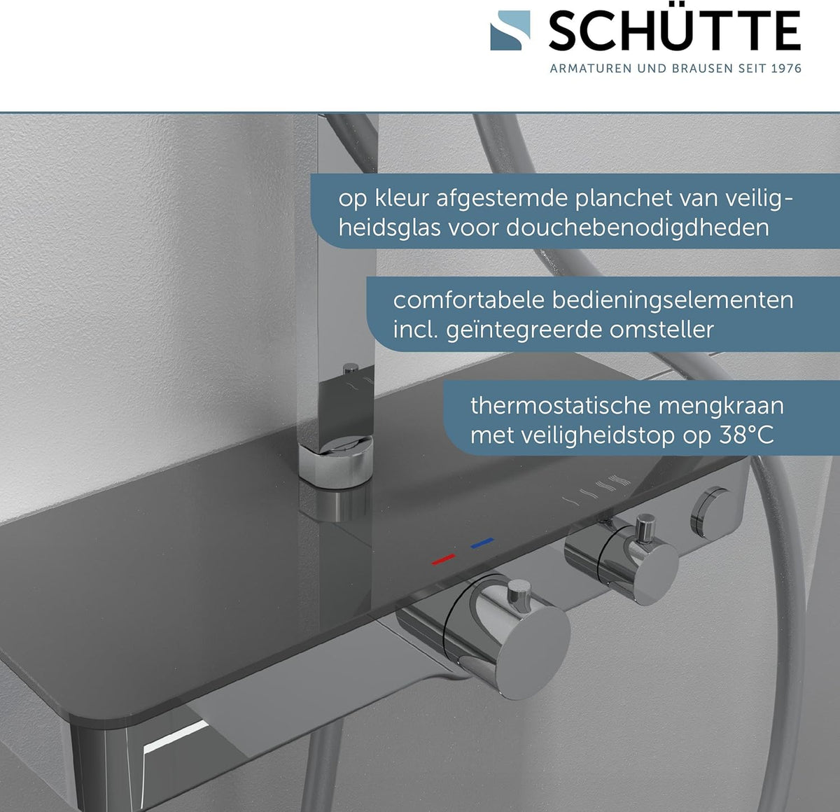 SCHÜTTE Ocean 60531 Douchesysteem met thermostaat en glazen legplank, doucheset met 30 x 30 cm, regendouche met wandhouder en douchekop, chroom/antraciet