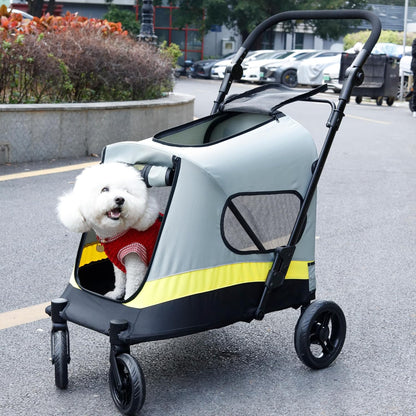 BingoPaw Hondenwagen voor kleine honden, opvouwbare hondenbuggy tot 20 kg, hondrolley met 4 wielen, 3 netramen, verstelbare handgreep, veiligheidsgordel, voor boswandeling, stadswandeling en