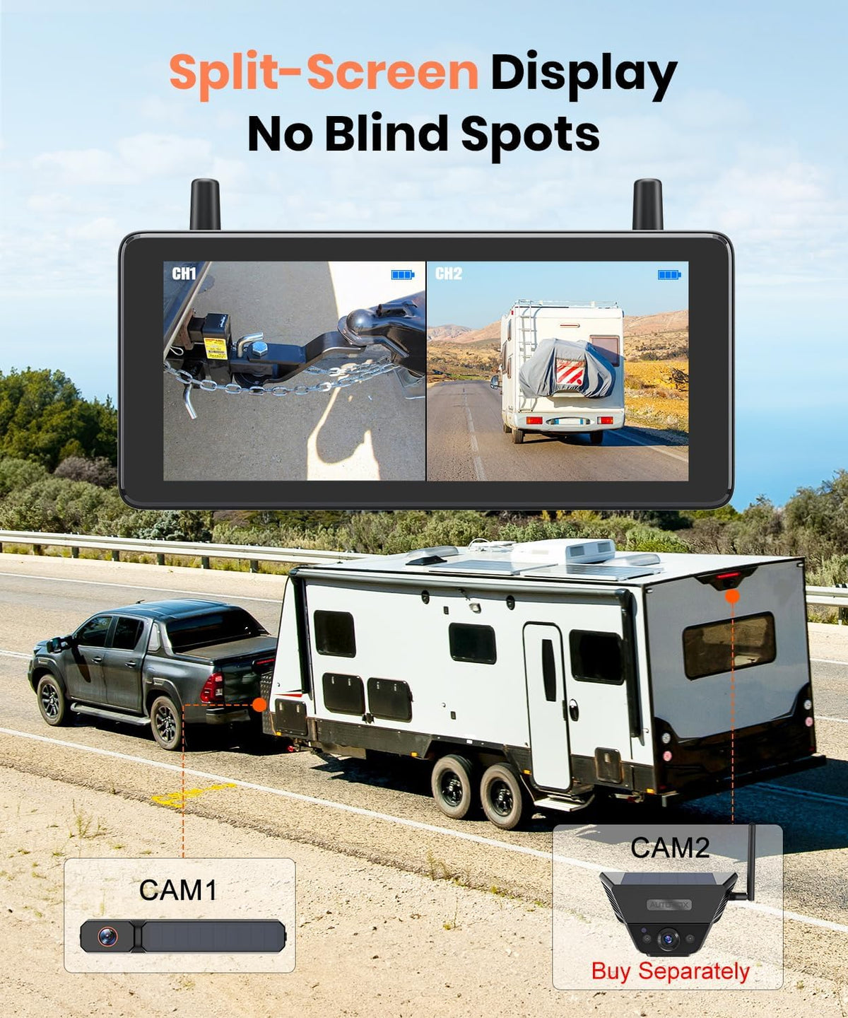 AUTO-VOX 7,2 inch draadloze achteruitrijcamera op zonne-energie met DVR-lusopname: HD 1080P, snelle installatie van 2 minuten, gesplitst scherm omgekeerde camerakits voor auto, bestelwagen, SUV
