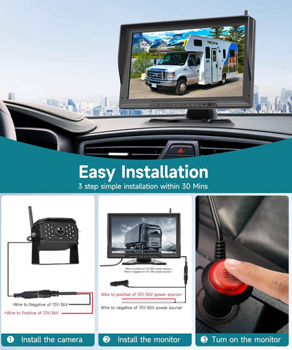 Podofo 4 x draadloze achteruitrijcamera's met monitor 10,1 inch IP69 nachtzicht groothoek,IPS monitor achteruitrijcamera's radio voor auto camper/caravan/vrachtwagen,4-split screen,loop video