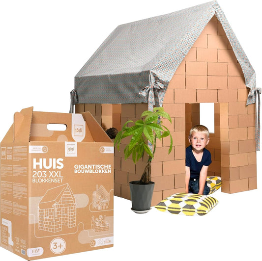 GIGI BLOKS G-10 XXL DIY Speelhuis Bouwblokken Voor Kinderen, Gigantisch Kartonnen Speelhuis Voor Kinderen, Montessorispeelgoed, Jumbo Toren & Kasteel Bouwpakket, 203 Blokken, Perfect Geschenk,NATUURLIJK