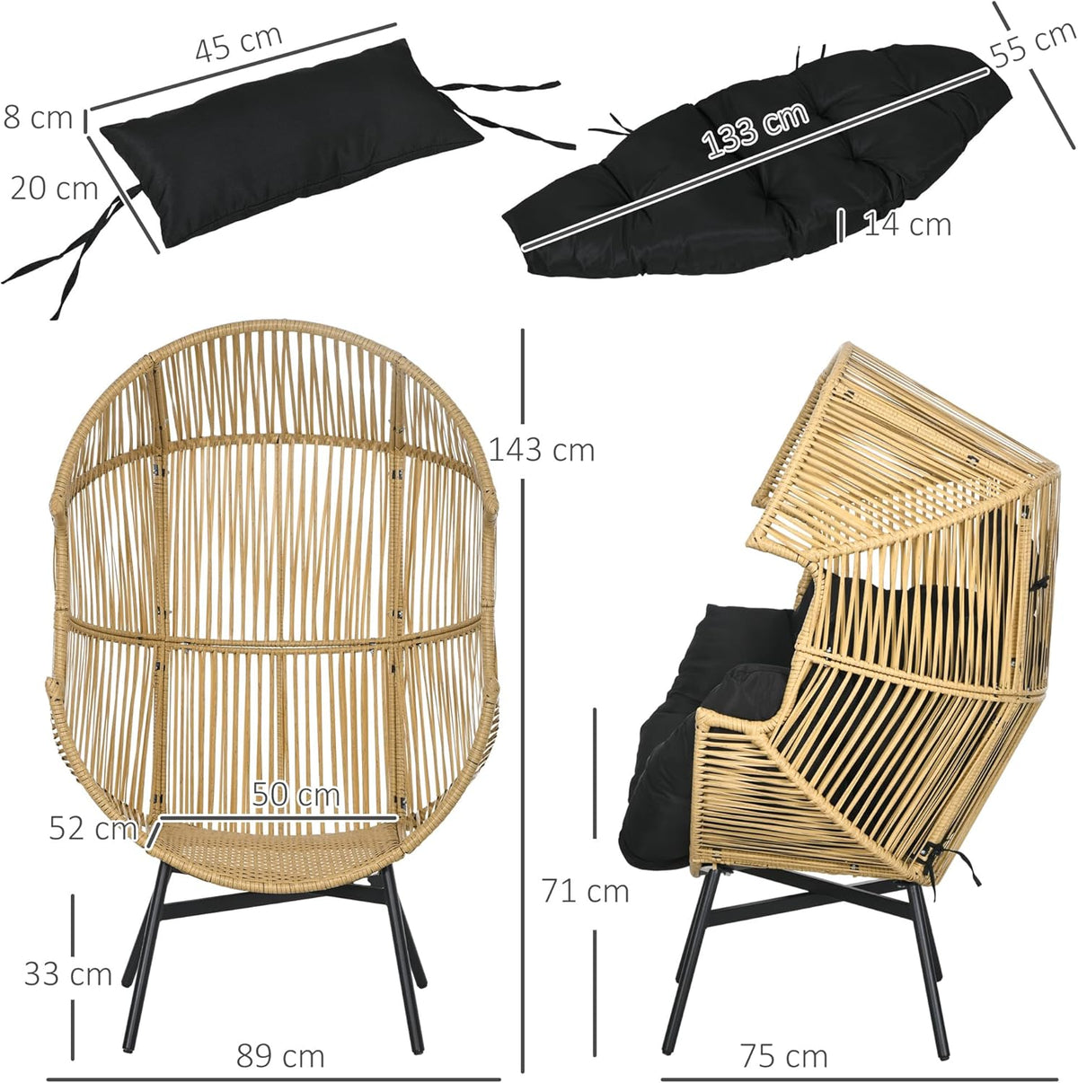 Outsunny Rattan Chair Rattan Wicker Chair with Thick Seat Cushion Egg Garden Chair 120 kg Load Capacity for Patio, Garden, Sand - QUORE
