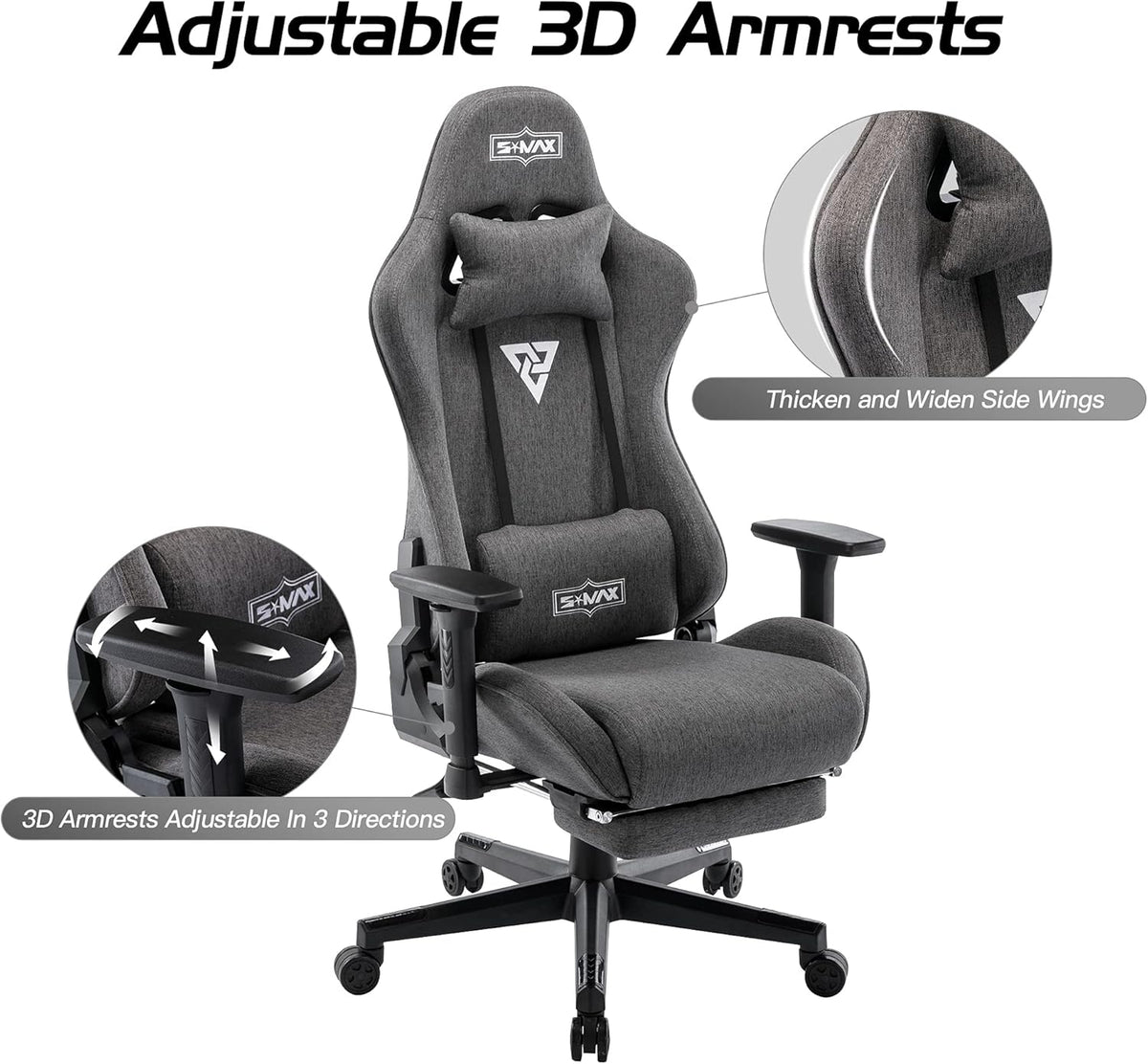S*MAX Gamingstoel, stof, grijs, met voetensteun, verdikte stoel, 3D-armleuning, videospelstoelen met hoge rugleuning, ergonomische gamingstoel voor volwassenen