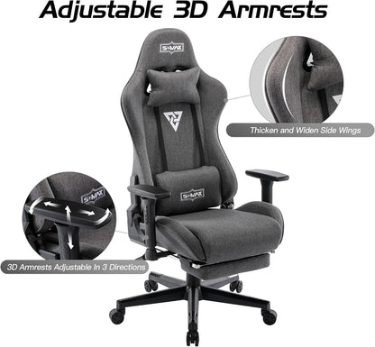 S*MAX Gamingstoel, stof, grijs, met voetensteun, verdikte stoel, 3D-armleuning, videospelstoelen met hoge rugleuning, ergonomische gamingstoel voor volwassenen