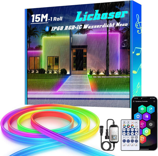 Lichaser RGB+IC Outdoor LED Neon Strip IP68 Waterproof Bluetooth Flexible with APP and 2.4G Remote Control 24V Silicone Light for Balcony Parties Festivals (15M*1)